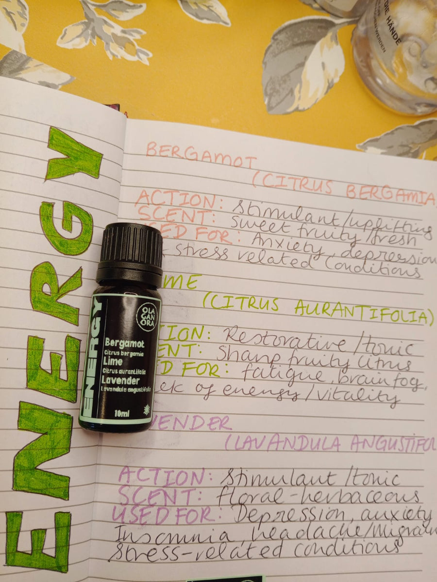 Energy aromatherapy diffuser blend in an amber bottle with hand written notes on the oils in the blend. Bergamot Essential Oil, Lime Essential Oil and Lavender Essential Oil.