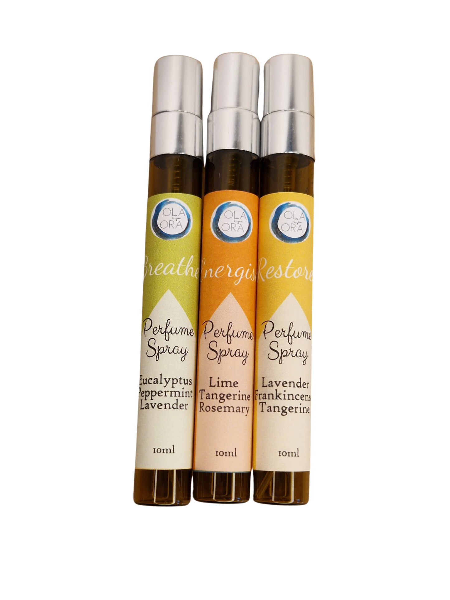 Three 10ml perfume spray roller bottles lined up vertically. The bottles are amber brown with silver caps, and the labels feature different color blocks: yellow-green, orange, and cream, with white script text reading 'creativity store' and 'Perfume Spray'.